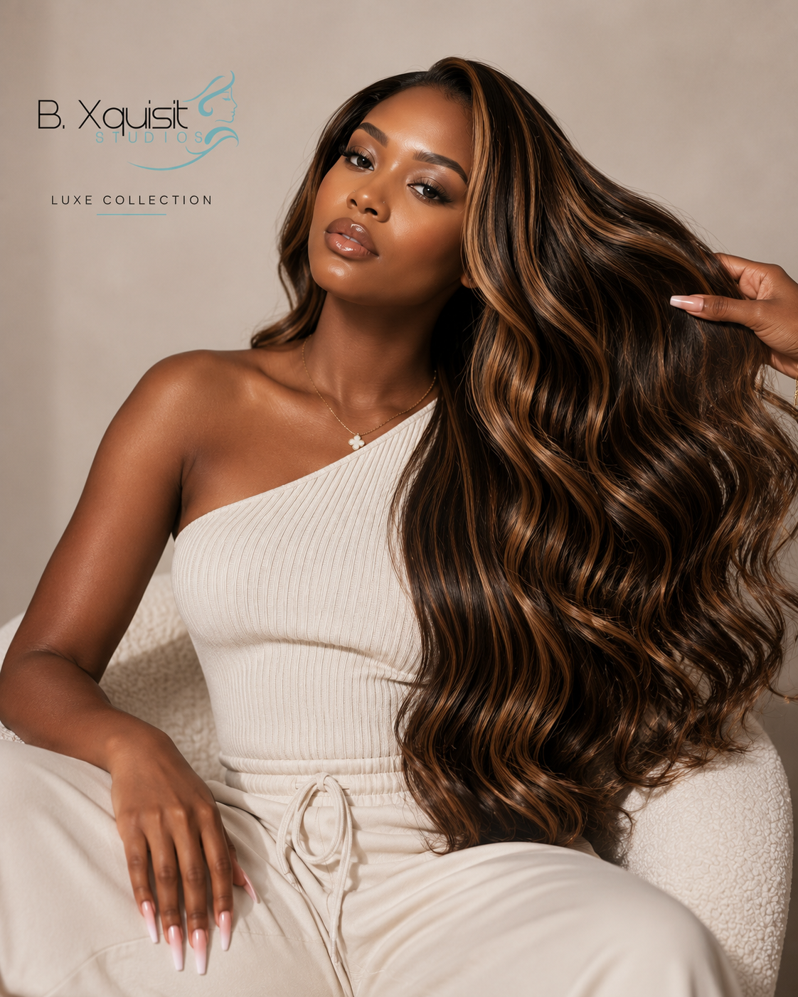 B. Xquisit Luxe Collection wig with long wavy highlighted hair